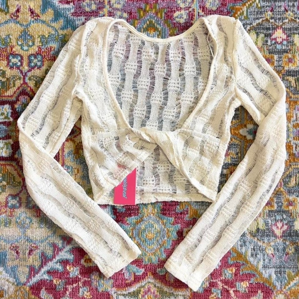 Edikted Cream Crochet Long Sleeve Top Sweater Cropped‎ Womens XS Fairy Boho